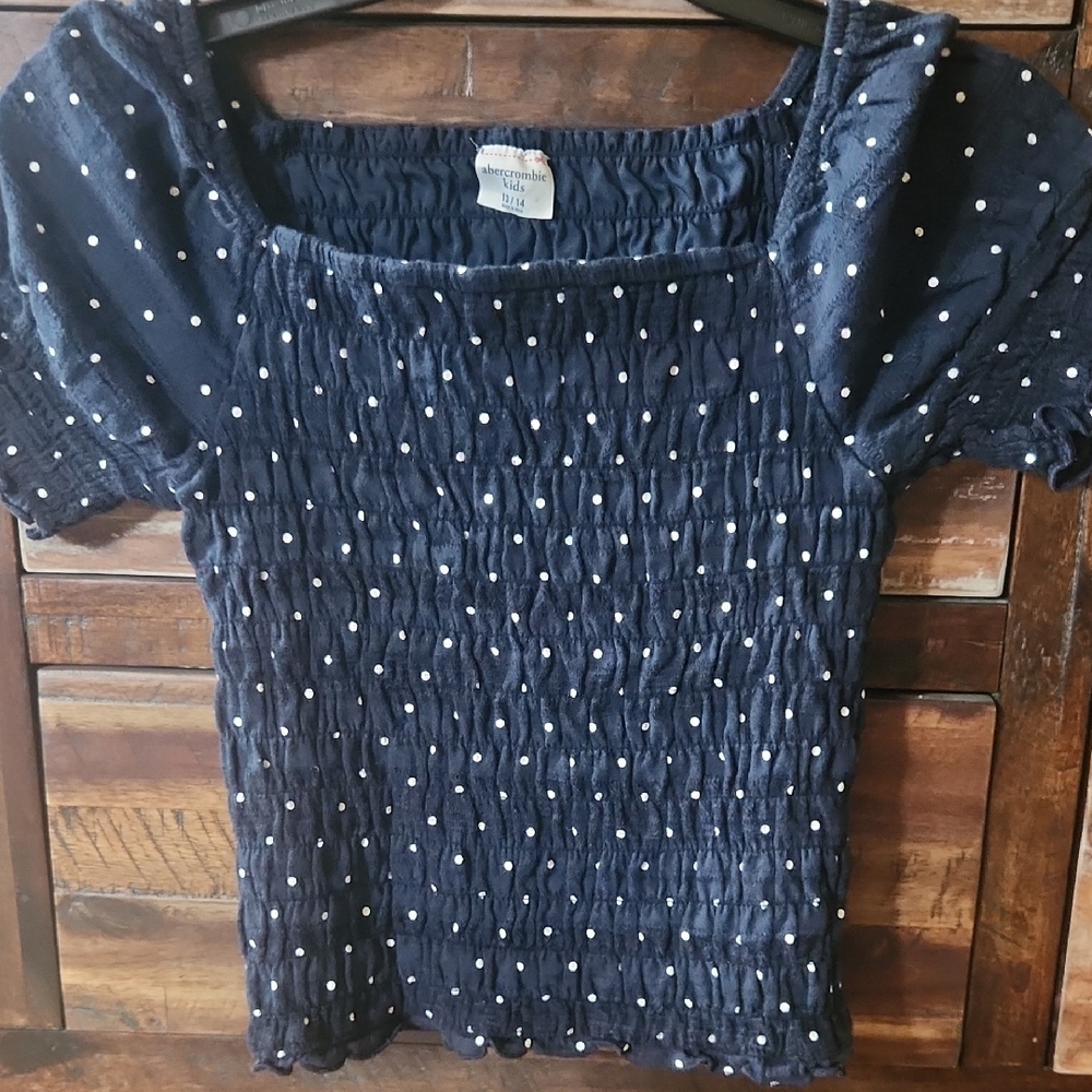 Abercrombie & Fitch Navy Blue White Polka Dot Smocked Square Neck Top